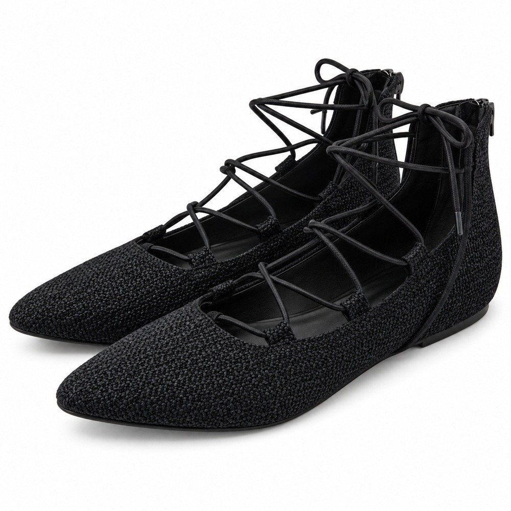 Eileen Fisher Flats Women 7.5 Black Lace Up Pointed Toe Gladiator Knit Shoe